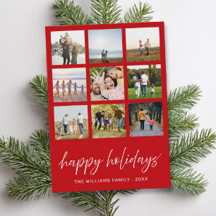 Happy Holidays Minimalist Script 9 Photo Collage Holiday Card