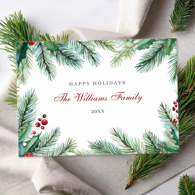 Happy Holidays Minimalist Watercolor Greenery Holiday Card (Creator Uploaded)