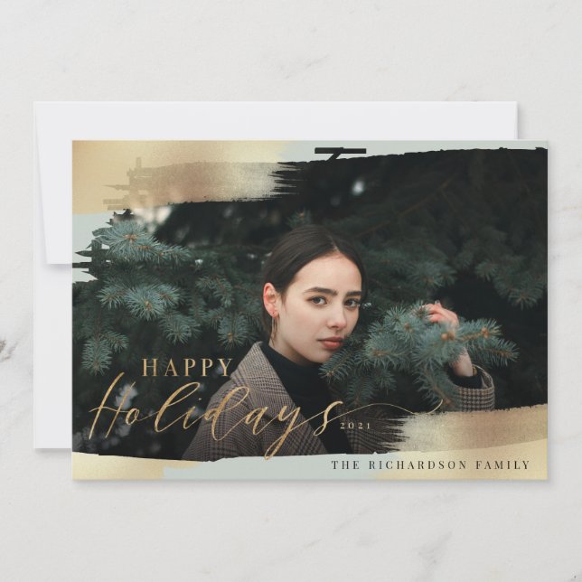 Happy Holidays Mint Green & Gold Foil Brush Photo Holiday Card (Front)