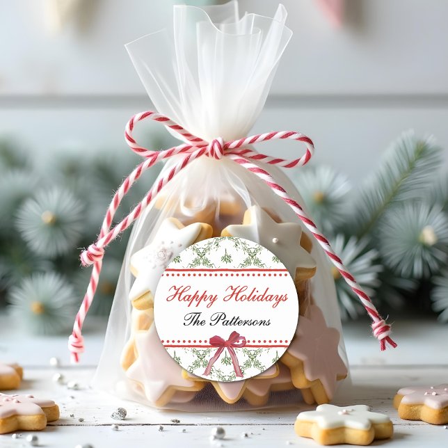 Happy Holidays Mistletoe Red Bow Custom Christmas Classic Round Sticker (Creator Uploaded)