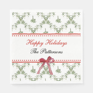 Happy Holidays Mistletoe Red Bow Custom Christmas Napkin