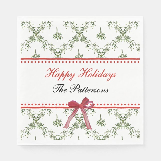 Happy Holidays Mistletoe Red Bow Custom Christmas Napkin (Front)