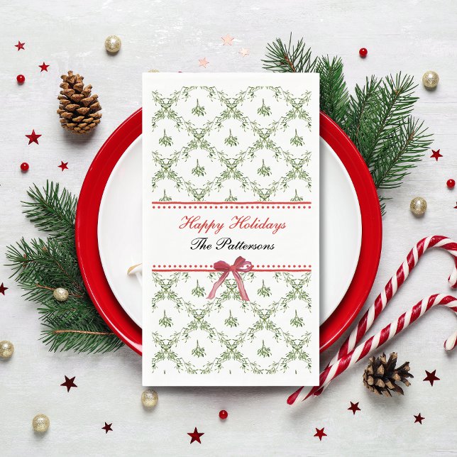 Happy Holidays Mistletoe Red Bow Custom Christmas Napkin (Creator Uploaded)