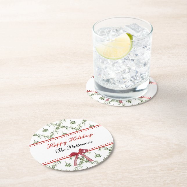 Happy Holidays Mistletoe Red Bow Custom Christmas Round Paper Coaster (Insitu)
