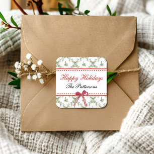 Happy Holidays Mistletoe Red Bow Custom Christmas Square Sticker