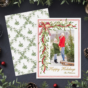 Happy Holidays Mistletoe Red Bow Family Photo