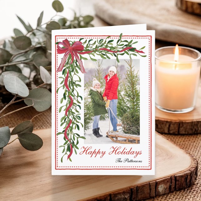 Happy Holidays Mistletoe Red Bow Family Photo Holiday Card (Creator Uploaded)