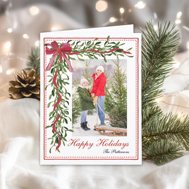 Happy Holidays Mistletoe Red Bow Family Photo Holiday Card (Creator Uploaded)