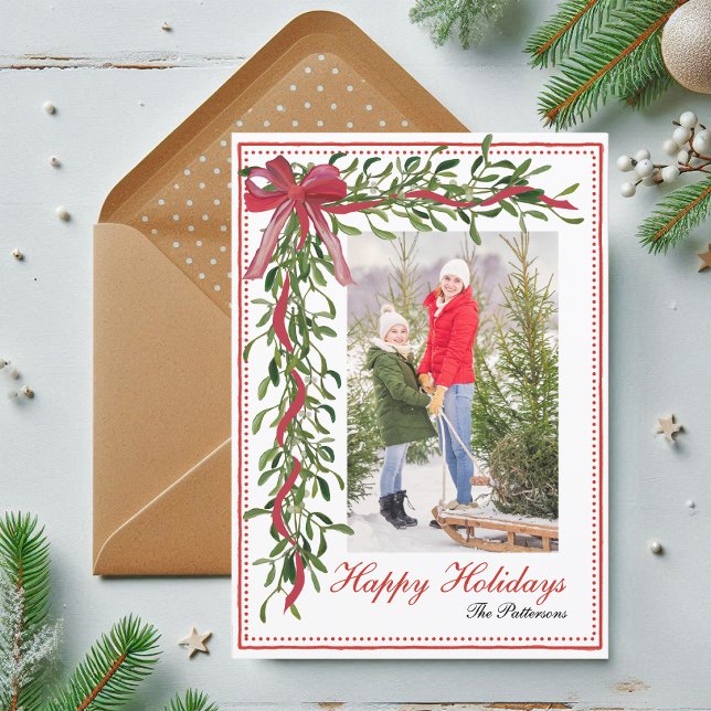 Happy Holidays Mistletoe Red Bow Family Photo Holiday Card (Creator Uploaded)