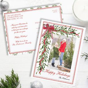 Happy Holidays Mistletoe Red Bow Family Photo Holiday Postcard
