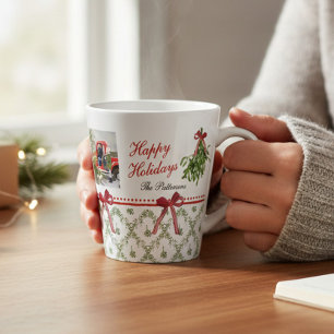 Happy Holidays Mistletoe Red Bow Family Photo  Latte Mug