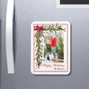 Happy Holidays Mistletoe Red Bow Family Photo Magnet