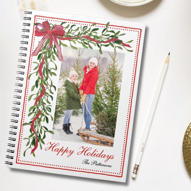 Happy Holidays Mistletoe Red Bow Family Photo Notebook (Creator Uploaded)