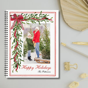 Happy Holidays Mistletoe Red Bow Family Photo Notebook