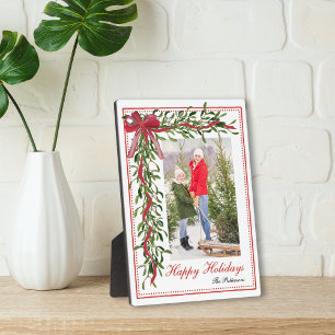 Happy Holidays Mistletoe Red Bow Family Photo Plaque