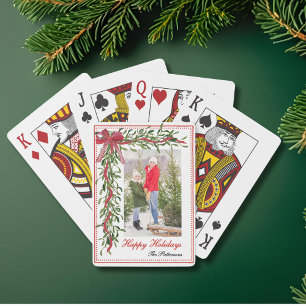 Happy Holidays Mistletoe Red Bow Family Photo Playing Cards