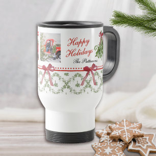 Happy Holidays Mistletoe Red Bow Family Photo  Travel Mug