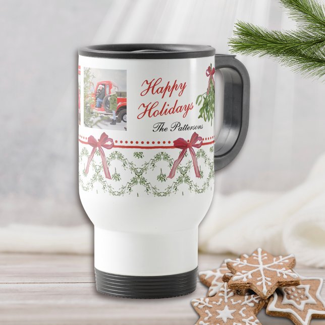 Happy Holidays Mistletoe Red Bow Family Photo  Travel Mug (Creator Uploaded)