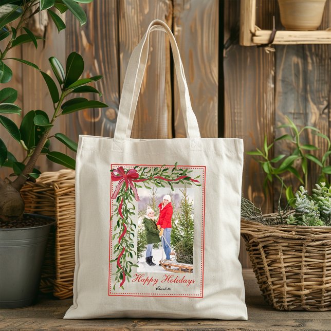 Happy Holidays Mistletoe Red Bow Name Photo Tote Bag (Creator Uploaded)