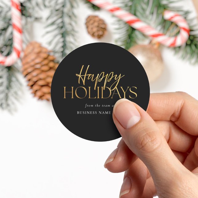 Happy Holidays Modern Black Gold Script Business Classic Round Sticker (Creator Uploaded)