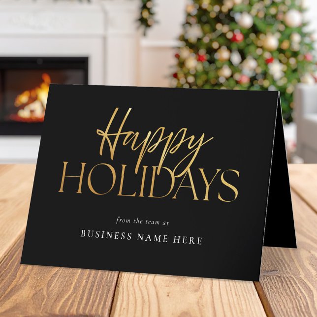Happy Holidays Modern Black Gold Script Business Holiday Card (Creator Uploaded)