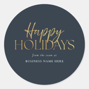 Happy Holidays Modern Blue Gold Script Business Classic Round Sticker