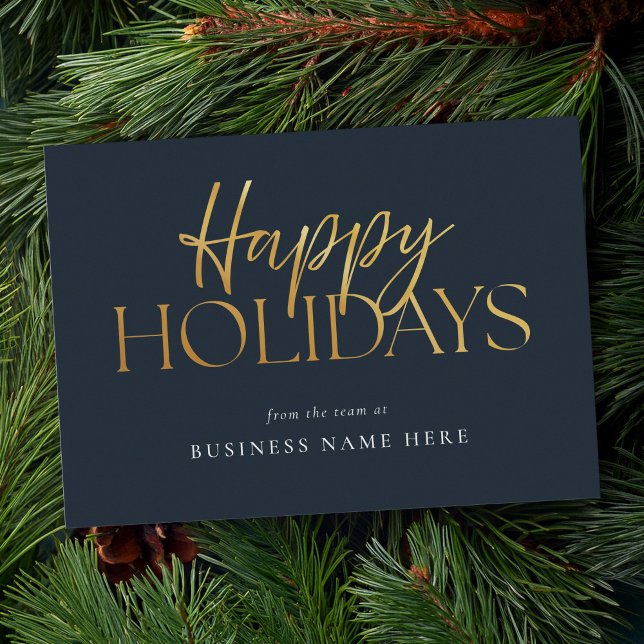 Happy Holidays Modern Blue Gold Script Business Holiday Card (Creator Uploaded)