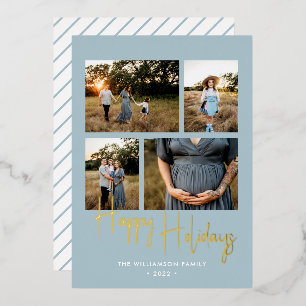 Happy Holidays Modern Blue Script 4 Photo Gold