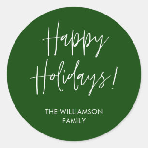 Happy Holidays Modern Calligraphy Green Christmas Classic Round Sticker