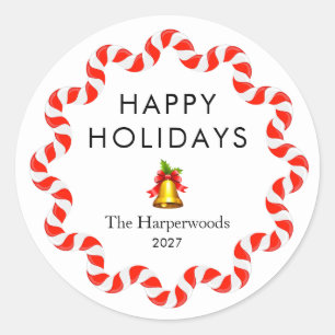 Happy Holidays Modern Candy Cane Christmas Family Classic Round Sticker