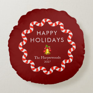 Happy Holidays Modern Candy Cane Christmas Family Round Cushion