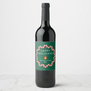 Happy Holidays Modern Candy Cane Christmas Family Wine Label