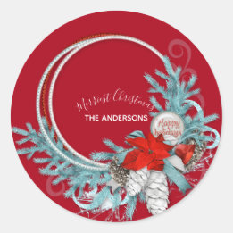Happy Holidays Modern Chic Red Pine Wreath Classic Round Sticker