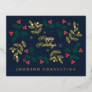 Happy Holidays Modern Christmas Holly Berries Foil Holiday Postcard