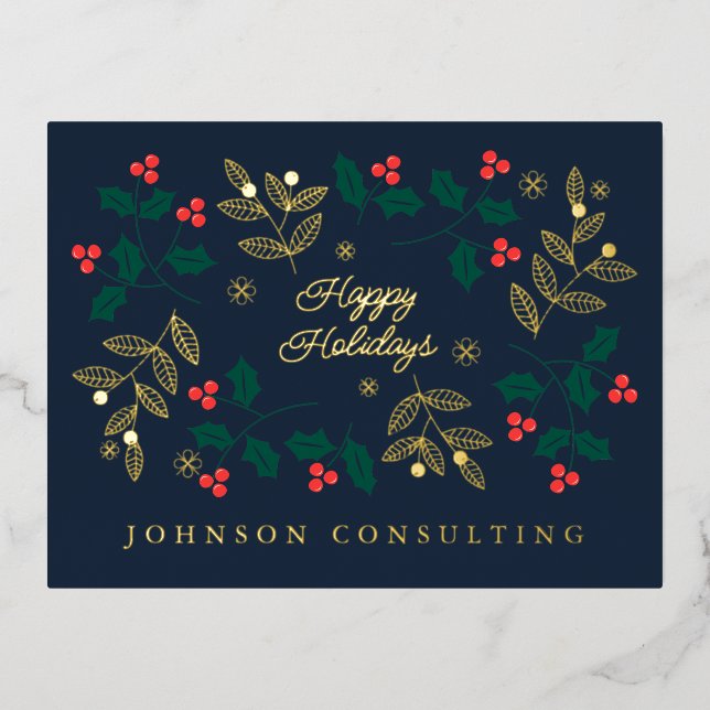 Happy Holidays Modern Christmas Holly Berries Foil Holiday Postcard (Front)