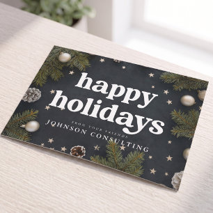 Happy Holidays Modern Christmas Ornaments and Pine Holiday Card