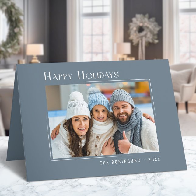 Happy Holidays Modern Elegant Simple Slate Blue Holiday Card (Available in high quality print or digital download for quick text messaging, email or self print.)