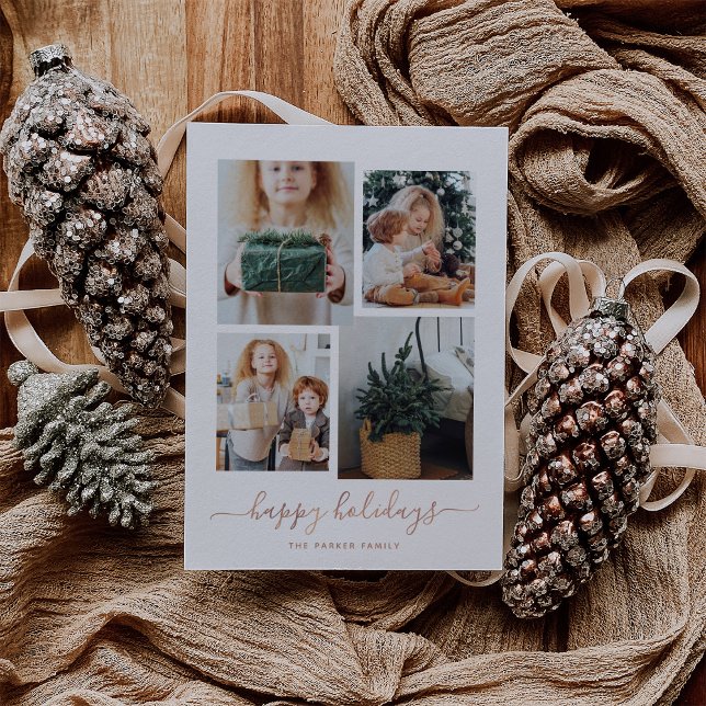 Happy Holidays | Modern Four Photo Collage Holiday Card (A modern photo collage for your holiday greetings)