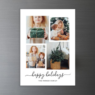 Happy Holidays Modern Four Photo Collage Magnetic Invitation