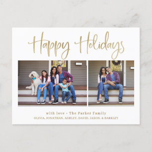 Happy Holidays Modern Gold Two Photo Holiday Postcard