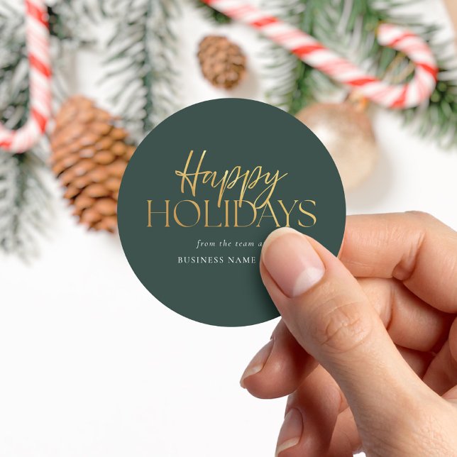 Happy Holidays Modern Green Gold Script Business Classic Round Sticker (Creator Uploaded)