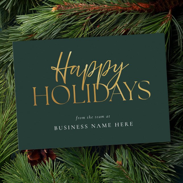 Happy Holidays Modern Green Gold Script Business Holiday Card (Creator Uploaded)