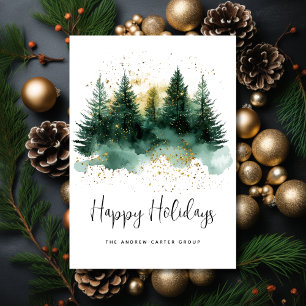 Happy Holidays Modern Green Gold Script Business Holiday Card