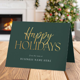 Happy Holidays Modern Green Gold Script Business Holiday Card
