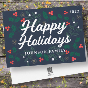 Happy Holidays Modern Holly Berries Foliage Holiday Card