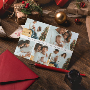 Happy Holidays Modern Minimal Multi Photo Grid Holiday Card