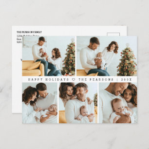 Happy Holidays Modern Minimal Multi Photo Grid Holiday Postcard