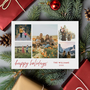 Happy Holidays Modern Minimalist 5 Photo Collage Holiday Card