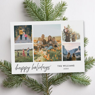 Happy Holidays Modern Minimalist 5 Photo Collage Holiday Card