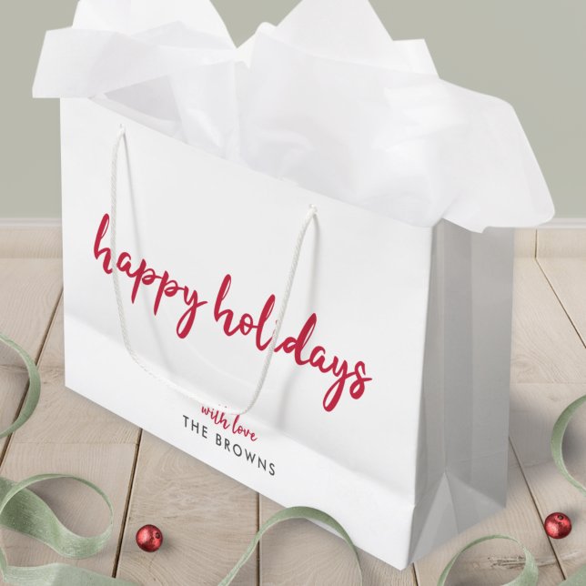 Happy Holidays | Modern Minimalist Red Xmas Script Large Gift Bag (Creator Uploaded)
